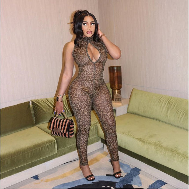 Leopard Print Hollow Mesh Jumpsuit