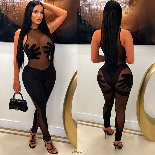 Mesh See-Through Bodycon Jumpsuit