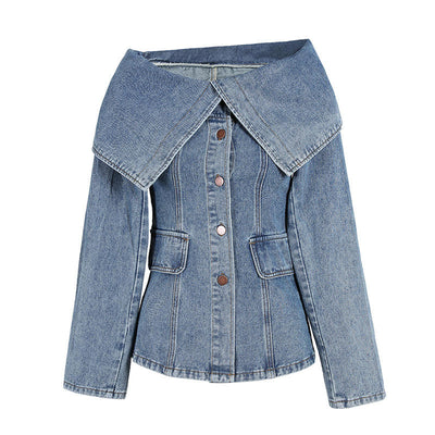 One-Shoulder Denim Lapel Jacket