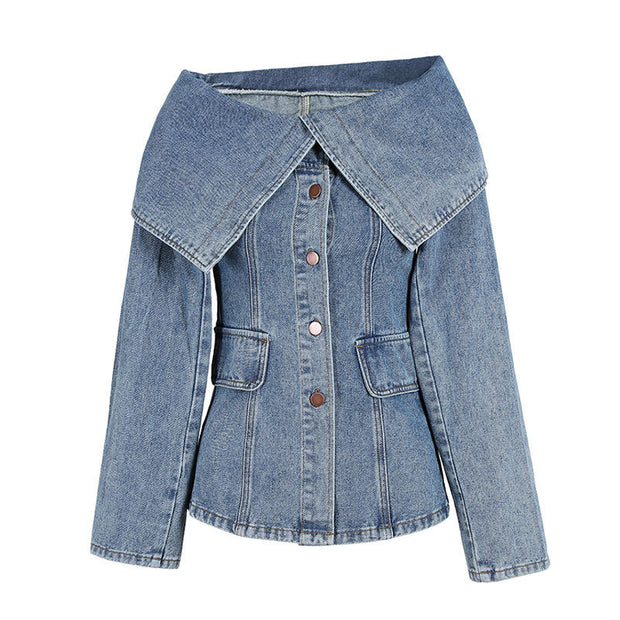 One-Shoulder Denim Lapel Jacket