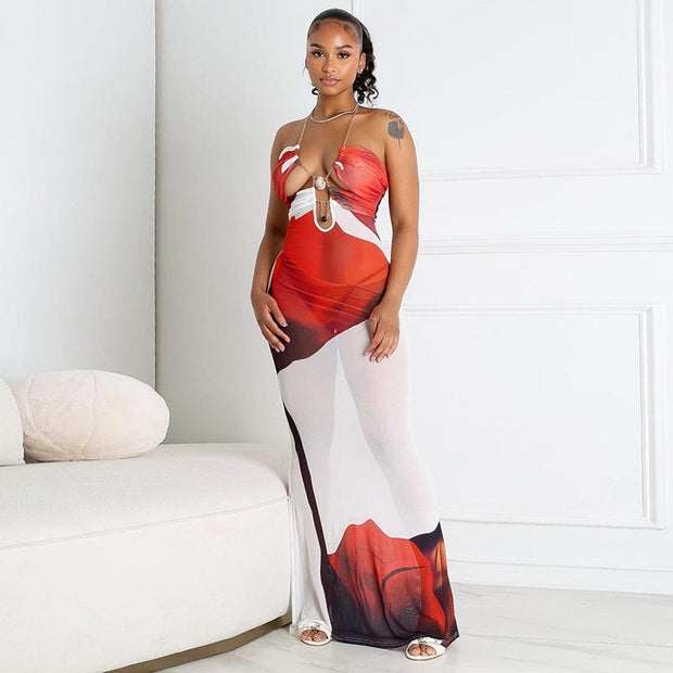 Sleeveless Elegant Printed Backless Maxi Dress