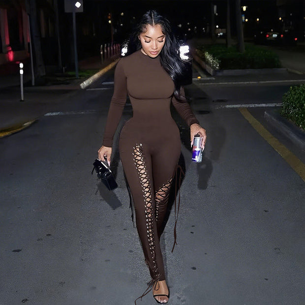 Lace-Up Long Sleeve Playsuit