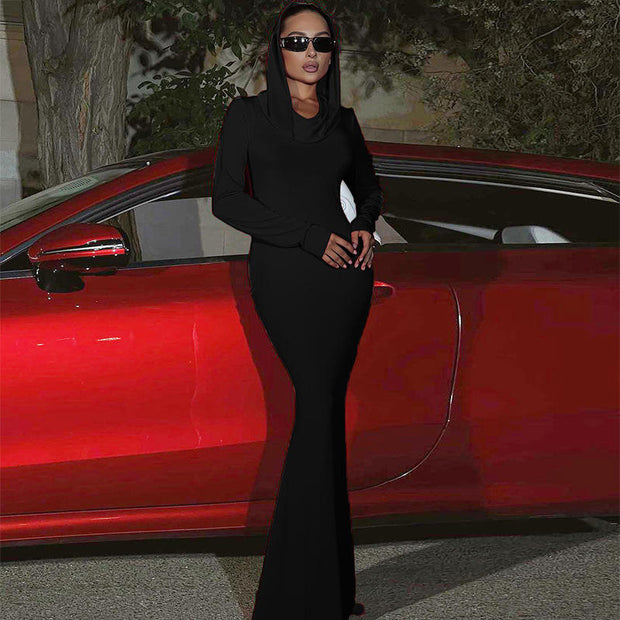 Elegant Hooded Long Sleeve Maxi Party Dress