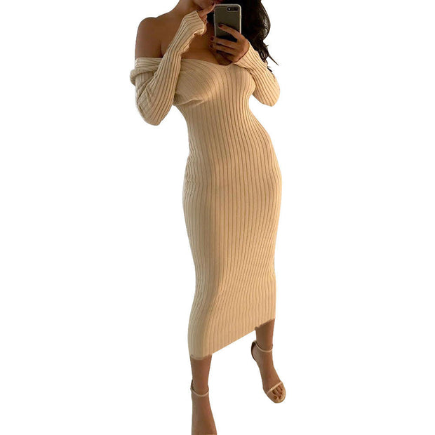 V-Neck Long Sleeve Knitted Sweater Dress