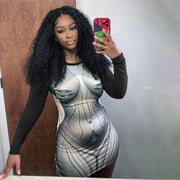 Long Sleeve Body Print Short Dress