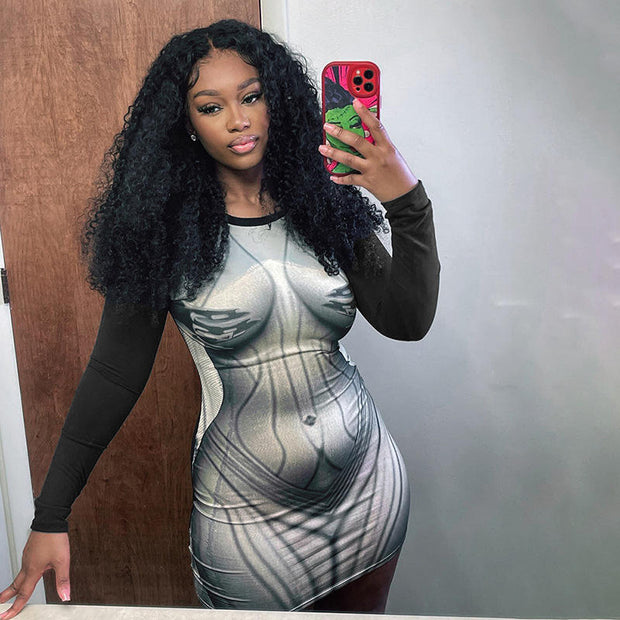 Long Sleeve Body Print Short Dress