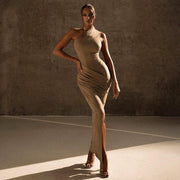 Solid Color One-Shoulder Bodycon Maxi