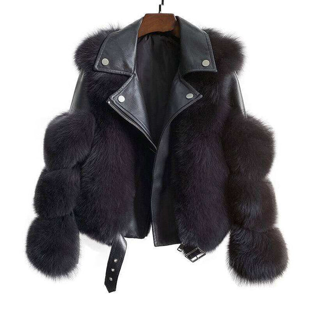 Sheepskin Leather Fox Fur Coat