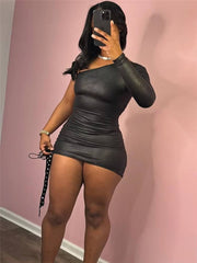 Black Bandage Patchwork One Shoulder Mini Dress