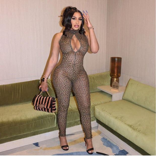 Leopard Print Hollow Mesh Jumpsuit