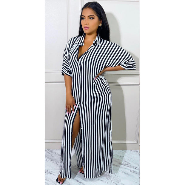 Elegant Half Sleeve Striped Knitted Maxi Dress