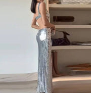 Halter Backless Metallic Dress
