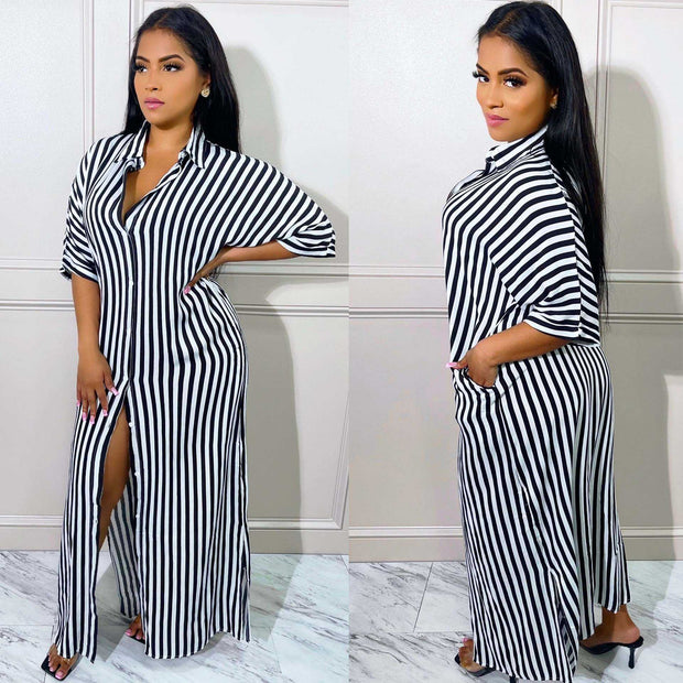 Elegant Half Sleeve Striped Knitted Maxi Dress