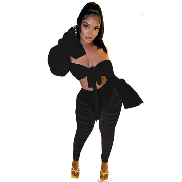 Shoulder Mesh Ruched Pants Set