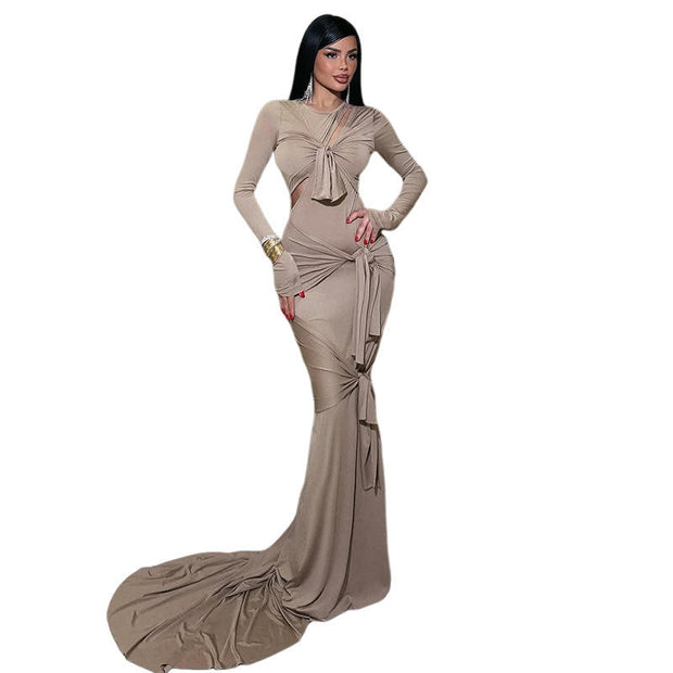 Hollow Long Sleeve Floor-Length Dress