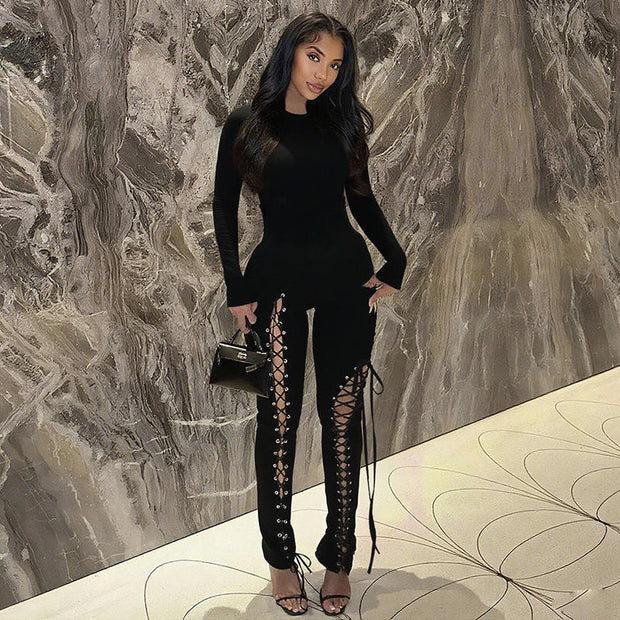 Lace-Up Long Sleeve Playsuit