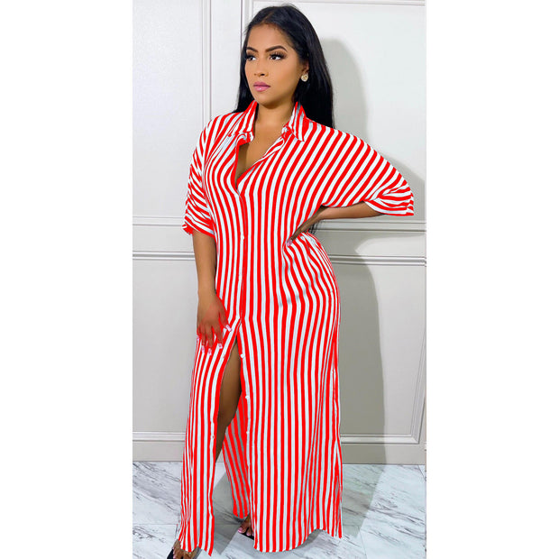 Elegant Half Sleeve Striped Knitted Maxi Dress