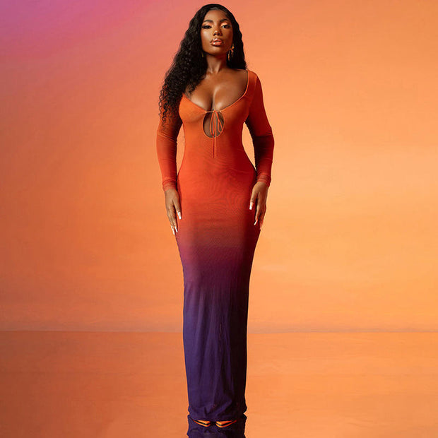 Backless Bodycon Gradient Maxi Dress