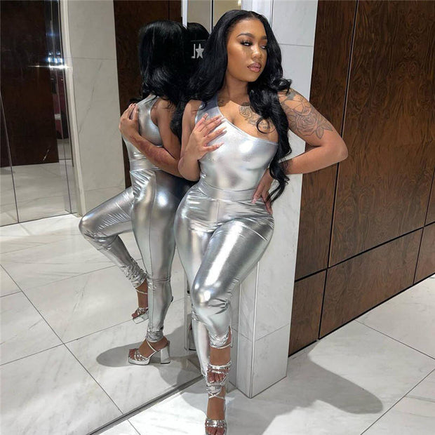 Silver PU Leather Jumpsuit