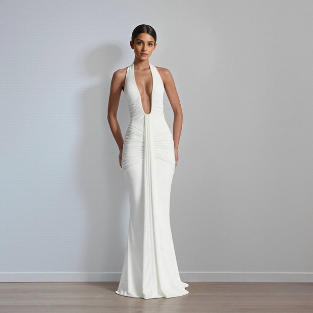 Sleeveless Halter Ruched Maxi Dress