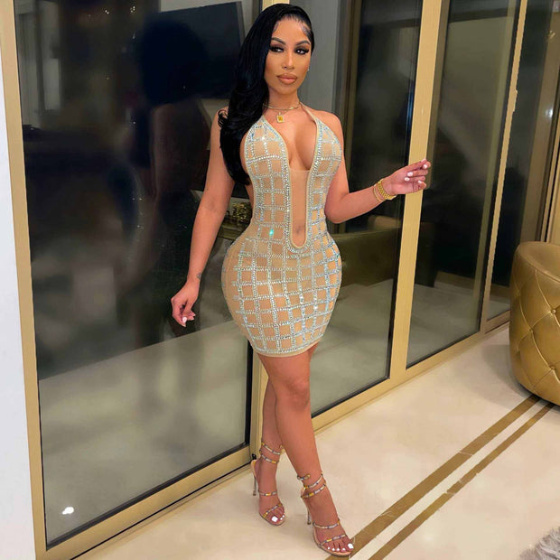 Women’s Sleeveless Crystal Diamond Evening Dress