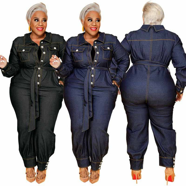 Plus Size Denim Long Jumpsuit