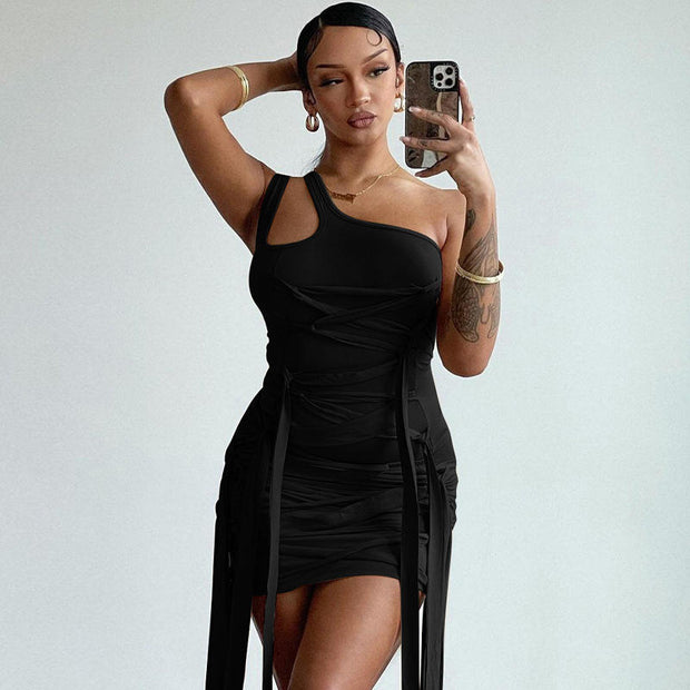 One Shoulder Hollow Out Bandage Mini Dress